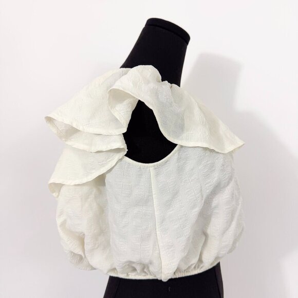 KIMCHI BLUE RUFFLE WHITE OFF THE SHOULDER SHIRT SIZE SMALL - Picture 3 of 11